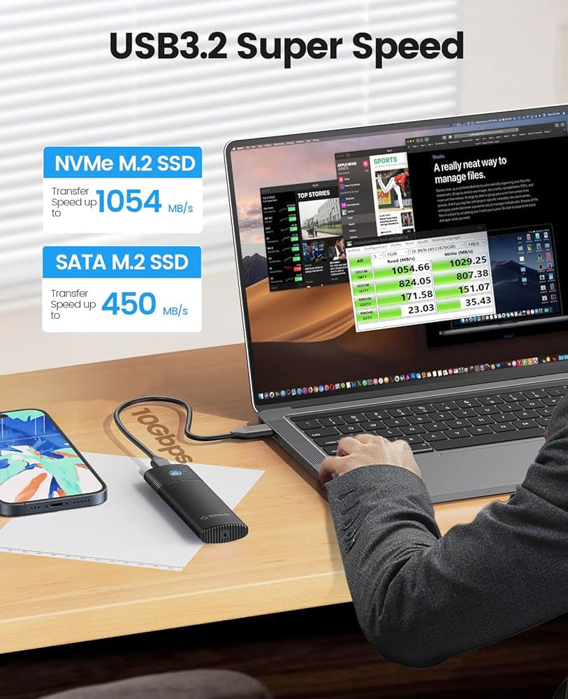 Boîtier SSD M2 NVMe SATA, Adaptateur SSD M2 USB C 3.2 Gen 2 10Gbps NVME PCIe, 5Gbps NGFF SATA M-Key(B+M Key) 2230/2242/2260/2280, Aluminum Externe Lecteur M.2 Disque Dur, Support UASP- PWDM2-BK