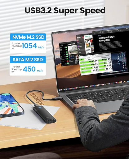 Boîtier SSD M2 NVMe SATA, Adaptateur SSD M2 USB C 3.2 Gen 2 10Gbps NVME PCIe, 5Gbps NGFF SATA M-Key(B+M Key) 2230/2242/2260/2280, Aluminum Externe Lecteur M.2 Disque Dur, Support UASP- PWDM2-BK