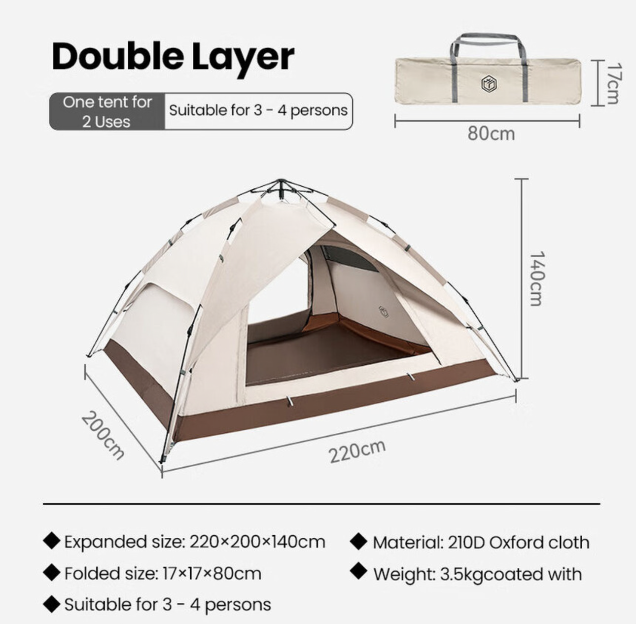 Tente double couche - Tente dôme, dépliante automatique - Équipement de randonnée et de camping en plein air - Couleur fromage, pour 3-4 personnes