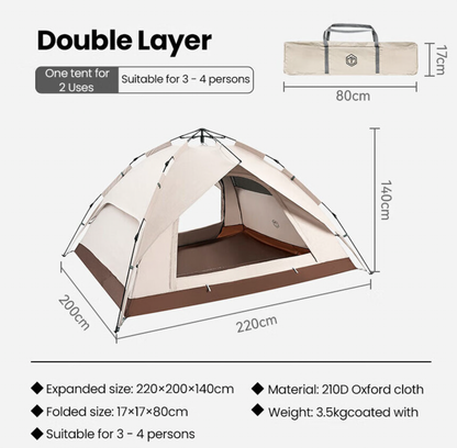 Tente double couche - Tente dôme, dépliante automatique - Équipement de randonnée et de camping en plein air - Couleur fromage, pour 3-4 personnes