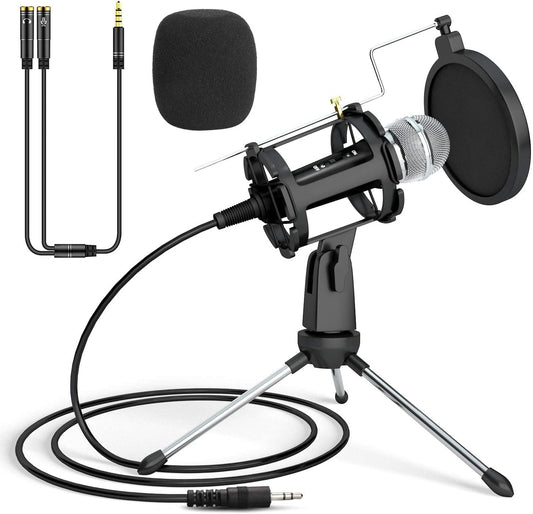PEYOU Micro PC, Micro Professionnel à Condensateur Jack 3.5mm avec Trépied et Filtre Antipop de Bureau Portable Plug & Play pour PC Ordinateur Radio Podcasting Youtube Skype Jeux Chant
