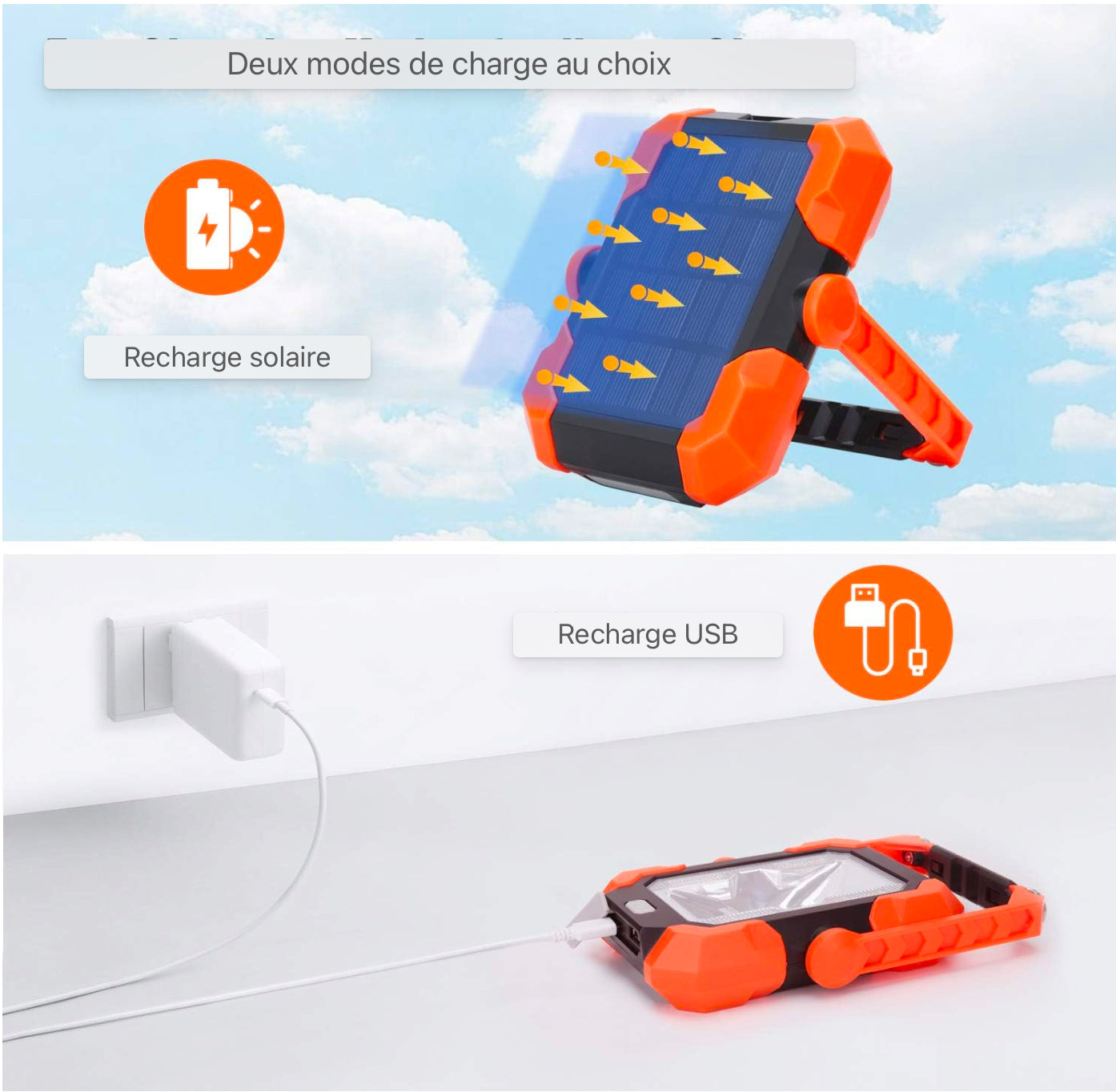 LED Projecteur de construction Batterie, Lampe de travail LED Lampe de camping, Batterie rechargeable USB solaire Powerbank, Lampe de travail magnétique Étanche COB Portable Flood Light avec 4 modes d'éclairage, Rotation à 360°, SOS
