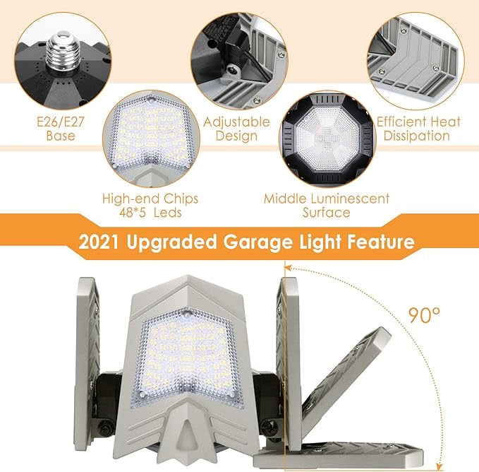 Éclairage de garage à LED Avec 4 panneaux Réglables, E27 6500K 12000LM 120w neuf
