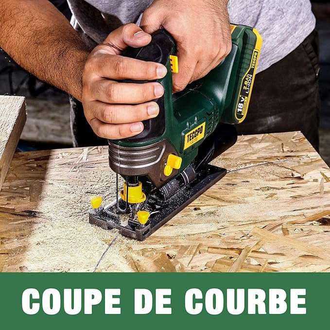 Scie Sauteuse sans Fil TECCPO 18V, 90mm dans le bois, 90mm dans PVC, 10mm dans l'acier, 2 x 2.0Ah Batteries, 2300RPM, 6 Lames, Lampe LED, 45°Angle de Coupe Max, Boîte de Transport