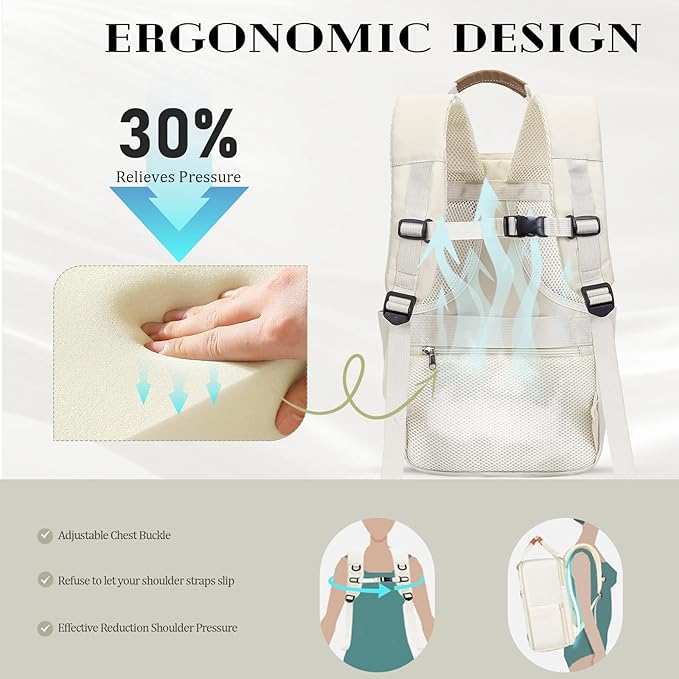 Sac a Dos Voyage Cabine Avion pour Ryanair Easyjet Valise Bagages Cabine Antivol avec Compartiment pour Ordinateur, 40x20x25cm, Beige