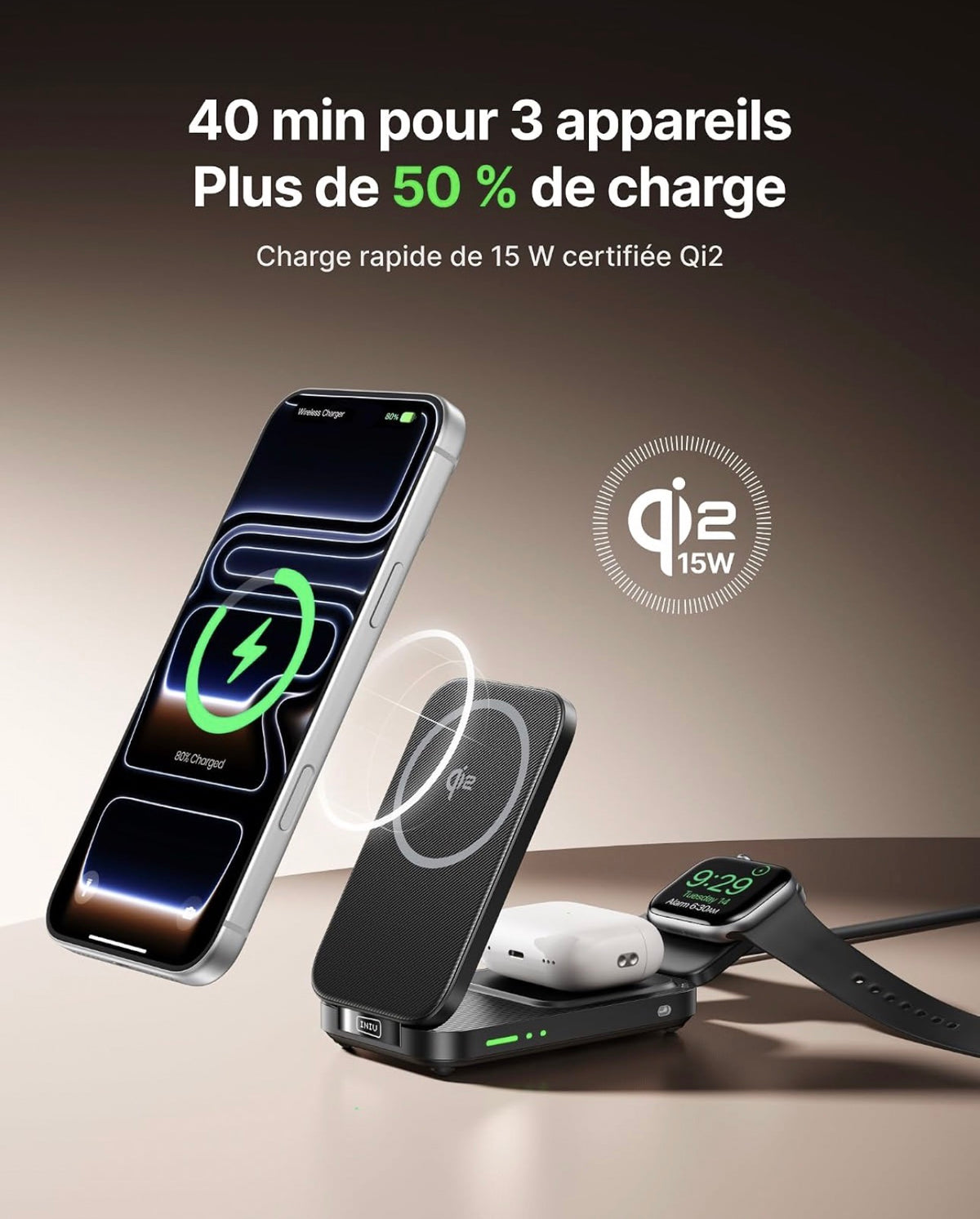 Chargeur Induction 3 en 1, 15W Qi2 Chargeur sans Fil Magnétique
Pliable, Idéal pour Voyages, Station de Charge Rapide Mag-Safe pour Apple Watch iPhone 18-12 AirPods (avec Adaptateur USB C)