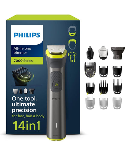 Philips Multigroom Series 7000 - Tondeuse tout-en-un équipée de 14 sabots pour le visage, la tête et le corps, et 21 hauteurs de coupe (de 0,5 à 16 mm) pour une précision ultime (modèle MG7930/15)