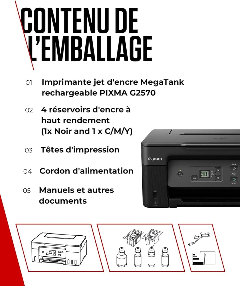 Canon Série PIXMA G2570 - Imprimante, Copieur et Scanner MegaTank pour la Maison Tout-en-Un avec Écran LED | Connectivité USB | Imprimante Canon pour la Maison