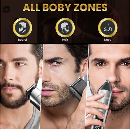 PRITECH Tondeuses à Cheveux pour Hommes, Tondeuse à Nez, Micro Rasoirs 3 en 1 Kit de Soins pour Hommes sans Fil et Rechargeable, Tondeuse à Cheveux Électrique avec Écran LED et Tête de Coupe T, IPX6
