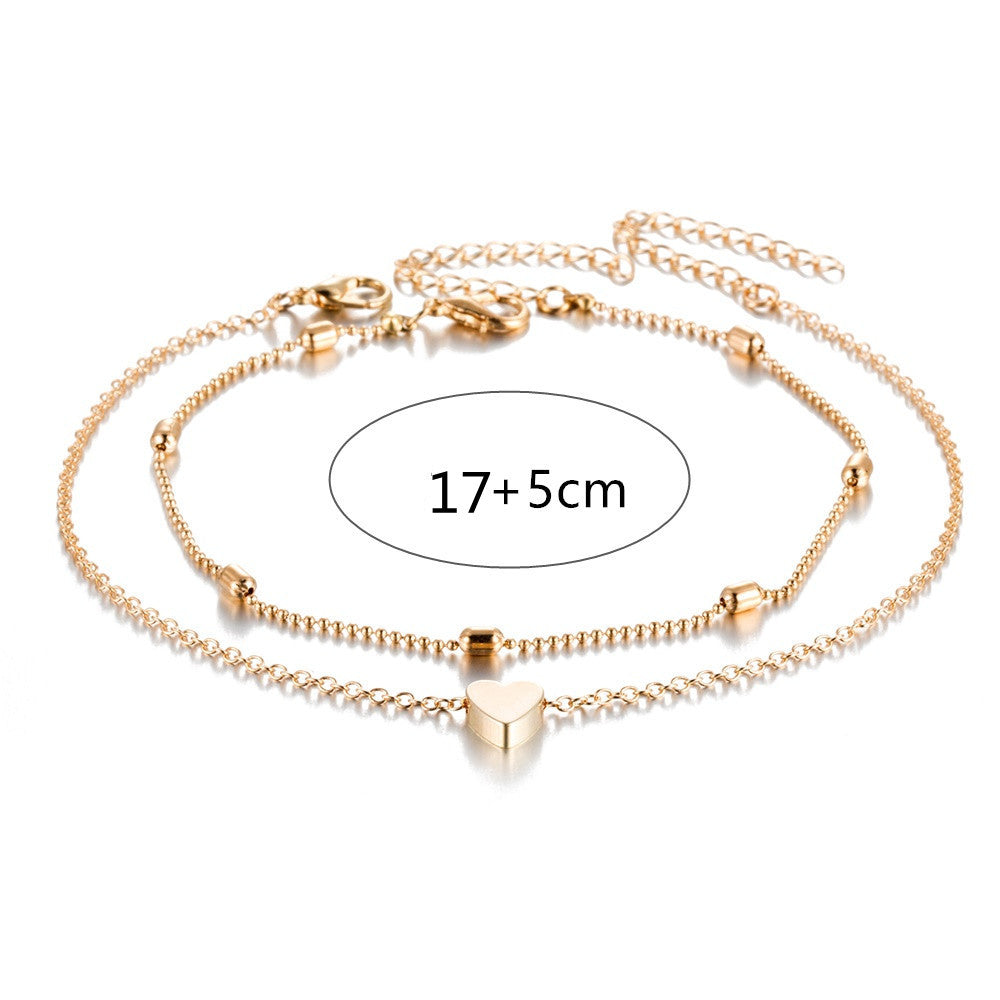Bracelet de Cheville "Ocean-Heart" – Double Chaîne Rétro & Pendentif Cœur Gravé
