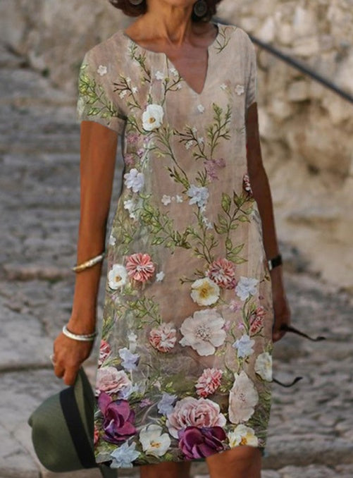Robe "Gipsy-Linen" – Mi-Longue, Col en V & Imprimé Floral Artistique