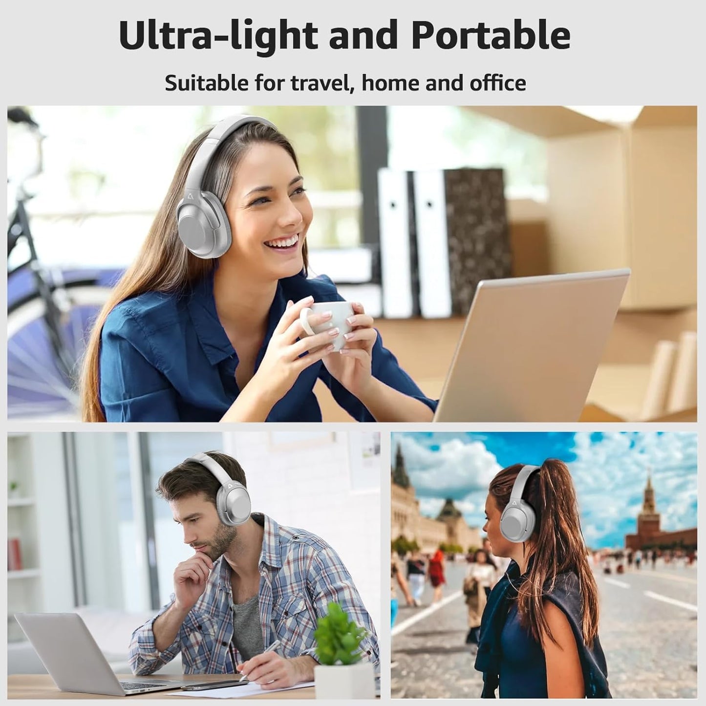 Casque Bluetooth sans Fil Reducteur de Bruit Active, Casque Anti Bruit Bluetooth 5.2, 75 Heures de Récréation, Audio Hi-Res, Confortable, Pliable, pour Voyage/Maison/Travail (Argent)