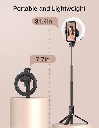 Perche Selfie Ring Light avec Trépied LED Lumière Anneau avec télécommande 3 Modes et 3 Luminosité Réglable Rotation 360° pour Tiktok, Maquillage, Youtube et Vlog pour iPhone & Android Phone