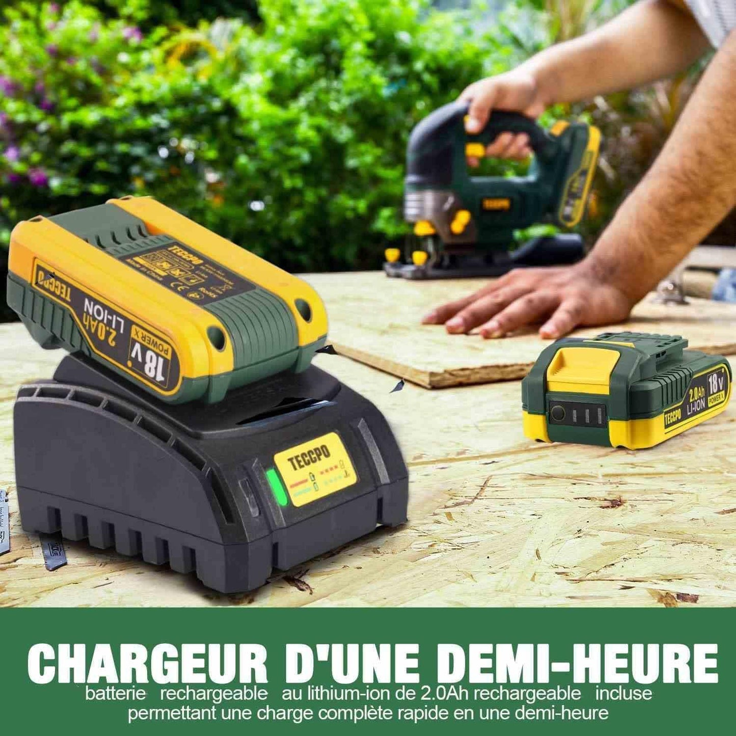 Scie Sauteuse sans Fil TECCPO 18V, 90mm dans le bois, 90mm dans PVC, 10mm dans l'acier, 2 x 2.0Ah Batteries, 2300RPM, 6 Lames, Lampe LED, 45°Angle de Coupe Max, Boîte de Transport