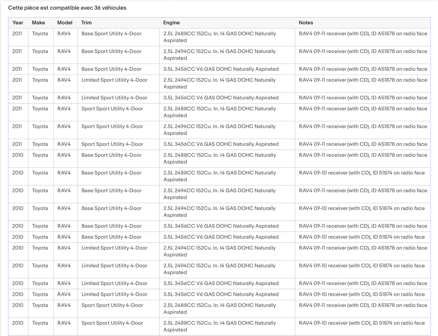 Autoradio dorigine Toyota Rav4 2009-2011 Am FM lecteur CD récepteur radio DXUWZ parfait état