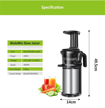 Extracteur de jus Lent pour Fruits et légumes Entiers, centrifugeuse Lente Verticale, Fonction Inverse, Moteur Silencieux, extracteur de jus Frais et sain, Facile à Nettoyer