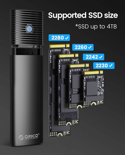 Boîtier SSD M2 NVMe SATA, Adaptateur SSD M2 USB C 3.2 Gen 2 10Gbps NVME PCIe, 5Gbps NGFF SATA M-Key(B+M Key) 2230/2242/2260/2280, Aluminum Externe Lecteur M.2 Disque Dur, Support UASP- PWDM2-BK