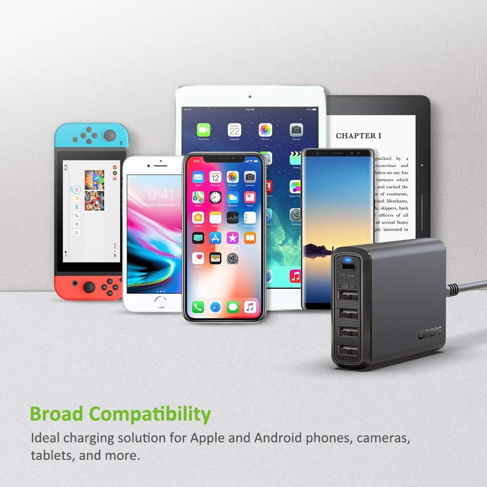Omars Chargeur Secteur USB 60W Total avec 5 Sortie, 1xUSB-C PD 30W et 4xUSB-A 5V 2.4A Chaque, Chargeur Mural Adaptateur Prise Compatible avec MacBook Switch MateBook iPad Pro iPhone 11 XS Max XS XR X
