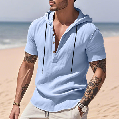 Chemise Henley "Breeze-Hood" – Lin Respirant, Manches Courtes & Capuche Ajustabl