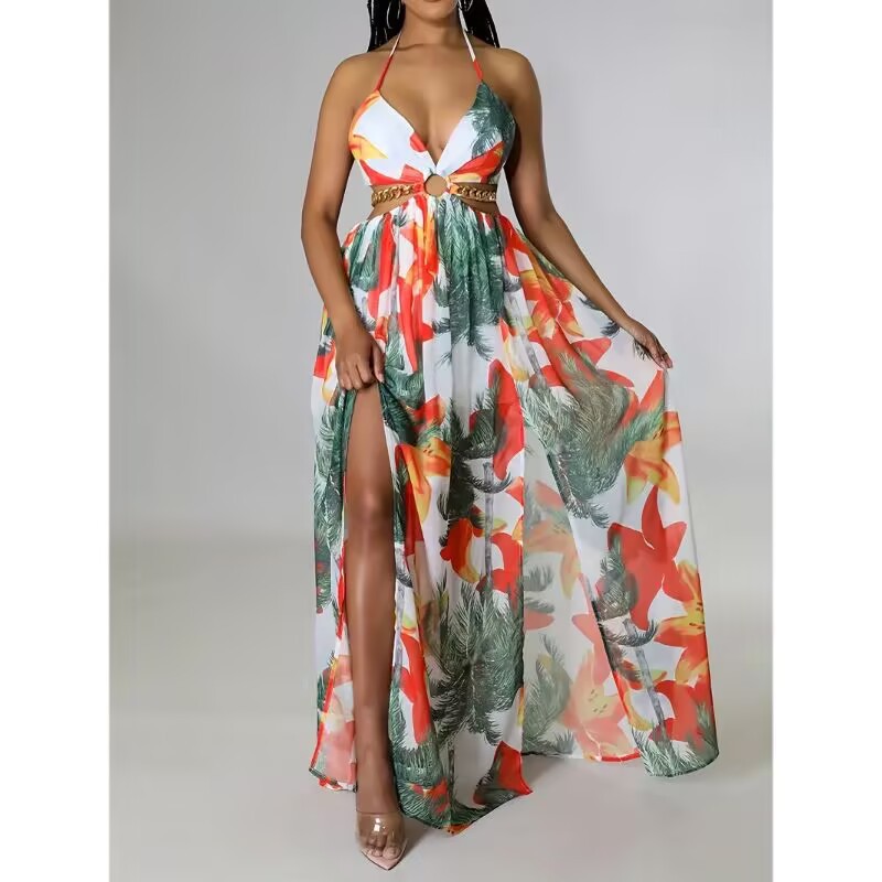 Robe "Flora-Chain" – Coupe Évasée, Dos Nu & Découpes Latérales avec Détail Chaîne
L'élégance florale sublimée par une touche d'audace