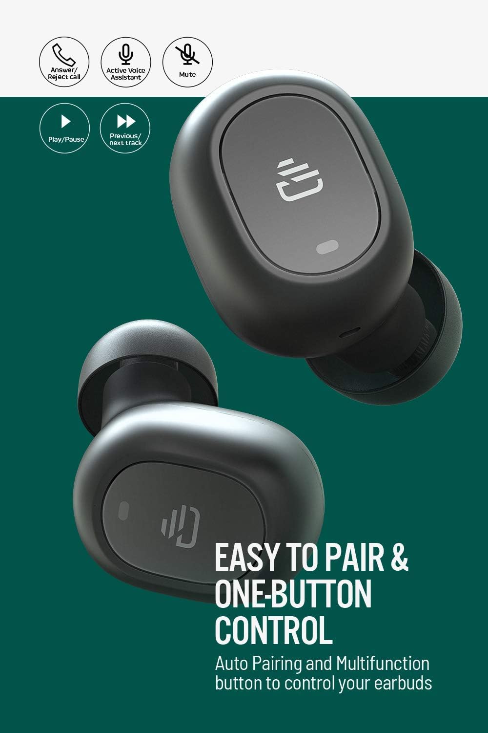 Oreillettes Bluetooth 5.0 Dudios Zeus Air, Écouteurs Bluetooth Longue Autonomie avec Boîte de Charge, Casque Sport Léger TWS Vrai sans Fil, Oreillettes Étanche Intra-auriculaires Antibruit avec Micro pour Smartphone Tablette