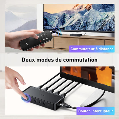 HDMI Switch 5 en 1 Sortie 4K@60Hz, Commutateur HDMI avec Télécommande Répartiteur HDMI 2.0 Supporté 3D HDR HDCP2.2 pour PS5/4/3, Xbox, HDTV, Moniteur, Projecteur, Roku TV, Lecteur Blu-Ray