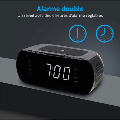 MEDION Radio-réveil avec Station de Charge sans Fil (Radio-réveil FM numérique, Qi Pad de Charge Rapide pour Smartphones, Bluetooth, Sleep Timer, réveil, variateur, AUX, USB) Noir