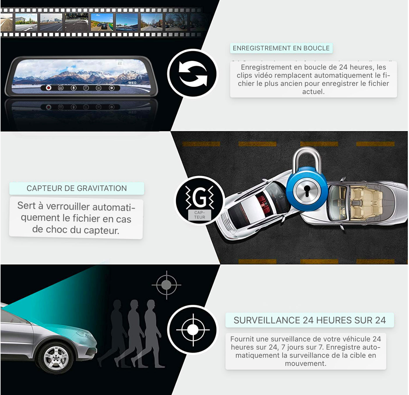 AWESAFE Rétroviseur Dashcam 1080P 10 pouces Caméra de voiture avant et arrière avec 170 degrés grand angle WDR Vision nocturne Enregistrement en boucle Capteur G Détection de mouvement Mode de stationnement