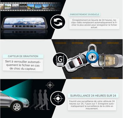 AWESAFE Rétroviseur Dashcam 1080P 10 pouces Caméra de voiture avant et arrière avec 170 degrés grand angle WDR Vision nocturne Enregistrement en boucle Capteur G Détection de mouvement Mode de stationnement