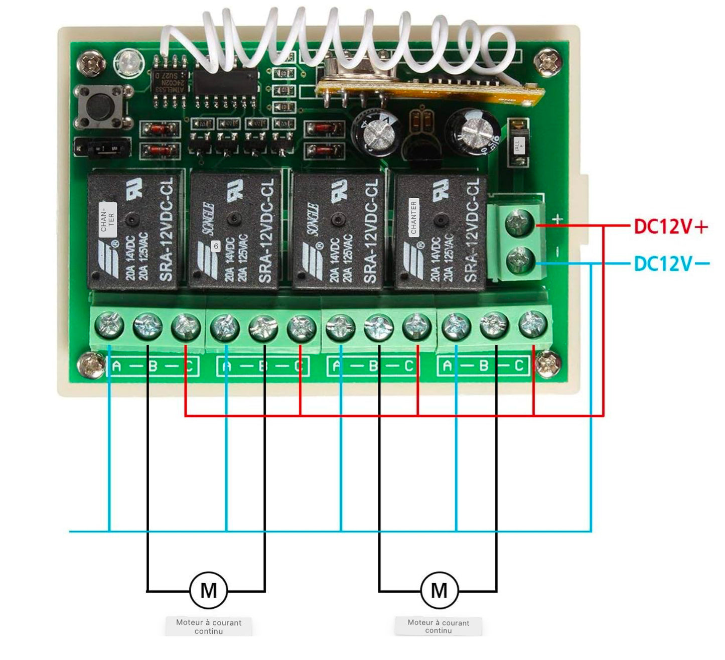 Télécommande radio 433 MHz Longue distance 12V 4CH Télécommande sans fil Interrupteur Relais 2 Transceivers avec 1 récepteur Télécommande pour fenêtre, porte de garage, voiture jouet