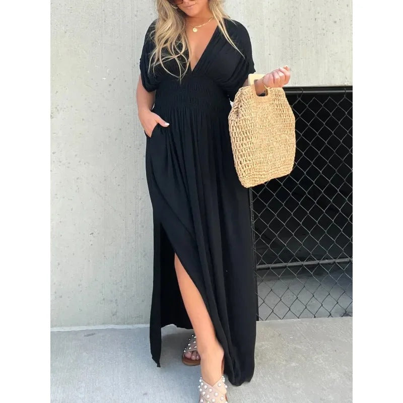 Robe Maxi "Manhattan-Flow" – Manches Chauve-souris, Col en V & Taille Élastique