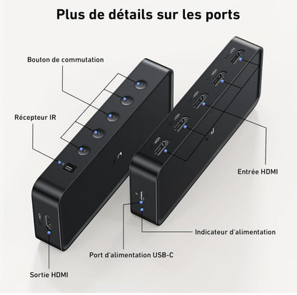 HDMI Switch 5 en 1 Sortie 4K@60Hz, Commutateur HDMI avec Télécommande Répartiteur HDMI 2.0 Supporté 3D HDR HDCP2.2 pour PS5/4/3, Xbox, HDTV, Moniteur, Projecteur, Roku TV, Lecteur Blu-Ray