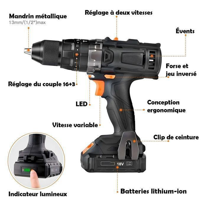 Perceuse Visseuse Sans Fil 18V, 2 Batteries Lithium-Ion 2000mAh, 2 Vitesses, Lumière Led, 43 Accessoires