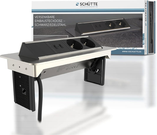 SCHÜTTE Multiprise Pliable pour Plan de Travail (2 Ports USB et 2 Prises de 230 V), Prise encastrable pour la Cuisine à équiper, Prise de Table en Acier Inoxydable
