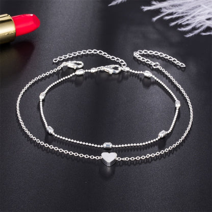 Bracelet de Cheville "Ocean-Heart" – Double Chaîne Rétro & Pendentif Cœur Gravé
