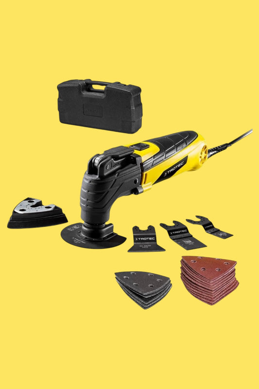 TROTEC Outil multifonctions PMTS 10-230V - Oscillant 300 W avec variateur de vitesse, système de serrage rapide, poignée Softgrip, raccord d’aspiration et mallette + 18 accessoires
