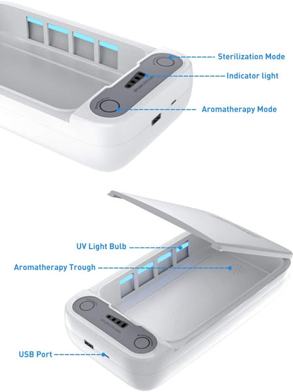 UV Stérilisateur, Smartphone Portable uvc stérilisateur, avec le nettoyant aromathérapie Cellphone fonction, Convient pour iPhone Android Devices Brosse à dents Bijoux Montre