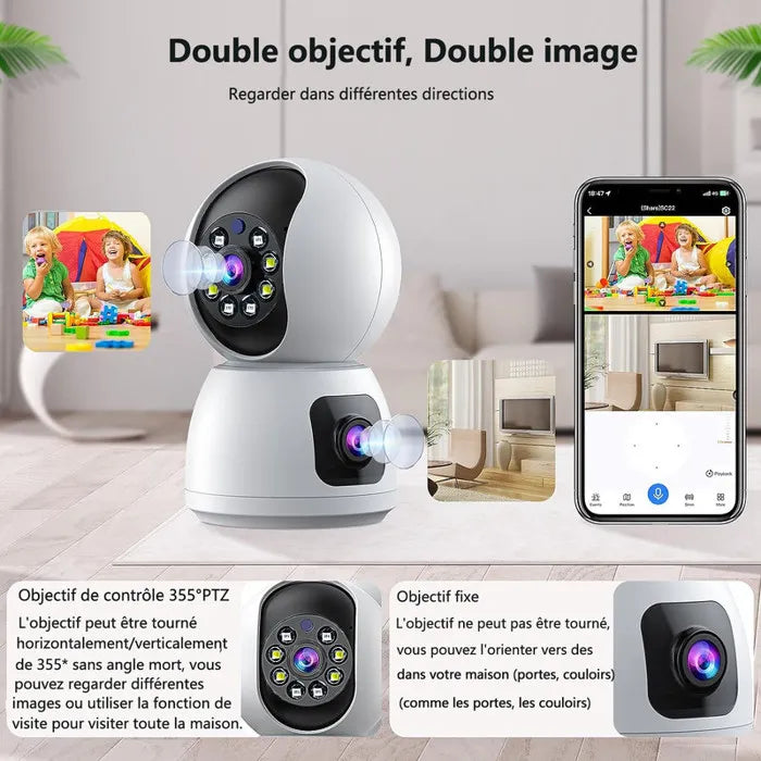 Caméra Surveillance WiFi Sans Fil Interieur 2MP+2MP Double Objectif Babyphone neuve