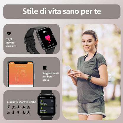 Montre Connectée pour Android iOS, 1.85" Full Touch Smart Watch avec Notifications, Répondre/Numéroter, Fréquence Cardiaque, Moniteur d'oxygène Sanguin, Compteur de Calories pour Homme Femme