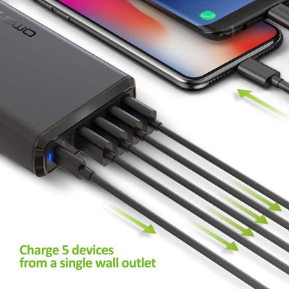 Omars Chargeur Secteur USB 60W Total avec 5 Sortie, 1xUSB-C PD 30W et 4xUSB-A 5V 2.4A Chaque, Chargeur Mural Adaptateur Prise Compatible avec MacBook Switch MateBook iPad Pro iPhone 11 XS Max XS XR X