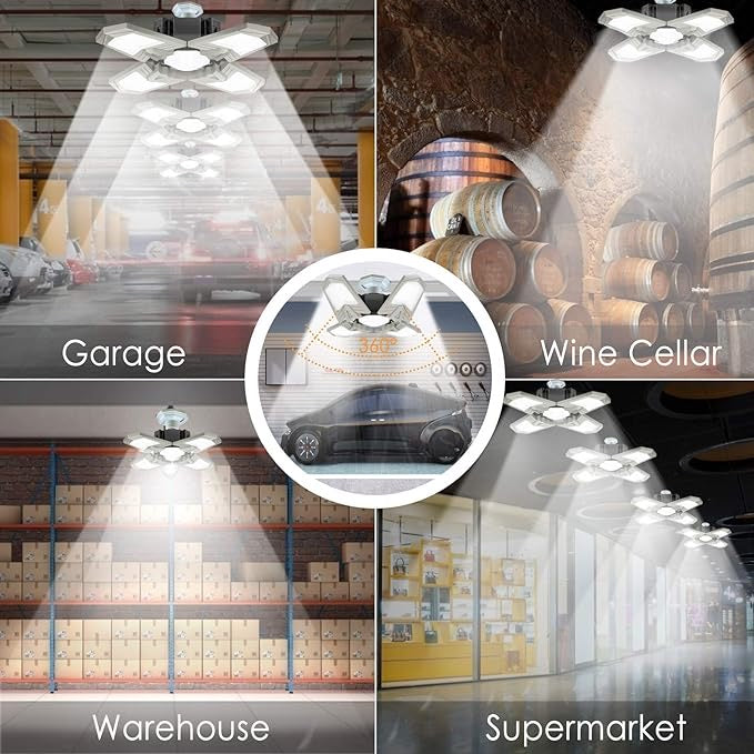 Éclairage de garage à LED Avec 4 panneaux Réglables, E27 6500K 12000LM 120w neuf
