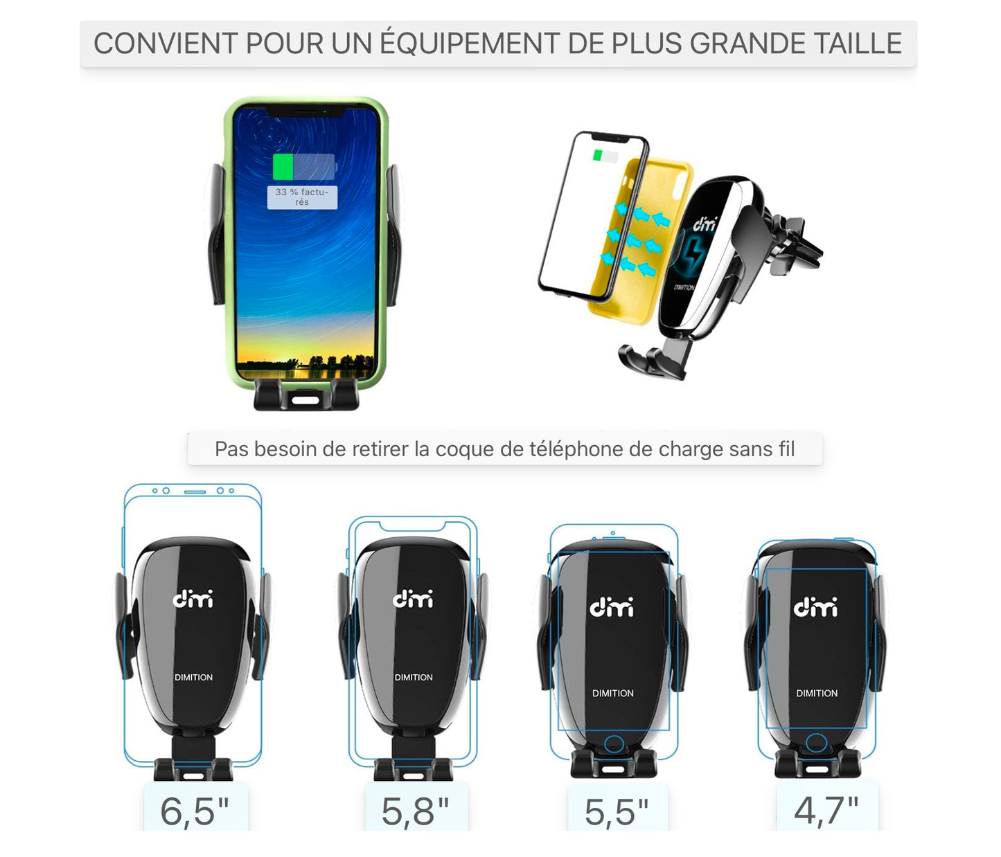 Support de téléphone portable Voiture avec fonction de chargeur, induction Qi 10w Chargeur sans fil Support de téléphone portable de voiture Kit de mise à niveau Chargeur de voiture avec 2 clips de ventilation Charge rapide pour iPhone 11/11 Pro Max/SE/Sa
