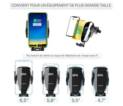 Support de téléphone portable Voiture avec fonction de chargeur, induction Qi 10w Chargeur sans fil Support de téléphone portable de voiture Kit de mise à niveau Chargeur de voiture avec 2 clips de ventilation Charge rapide pour iPhone 11/11 Pro Max/SE/Sa