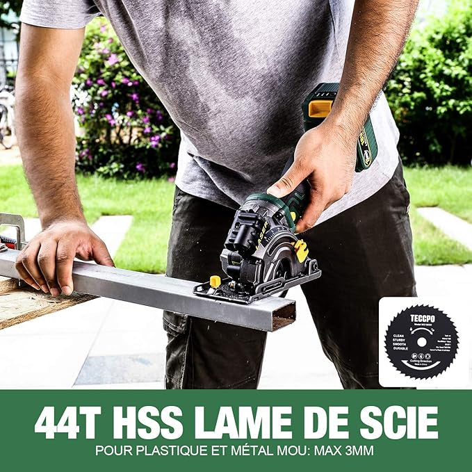 Scie Circulaire sans Fil TECCPO, 18V 4.0Ah Batterie, 4.0A Chargeur Rapide, Guide de Laser, Boîte de Transport, Vitesse 3,100 RPM, 3 Lames Ø 89mm, Convient à la Coupe du Bois, du Métal, des Carreaux