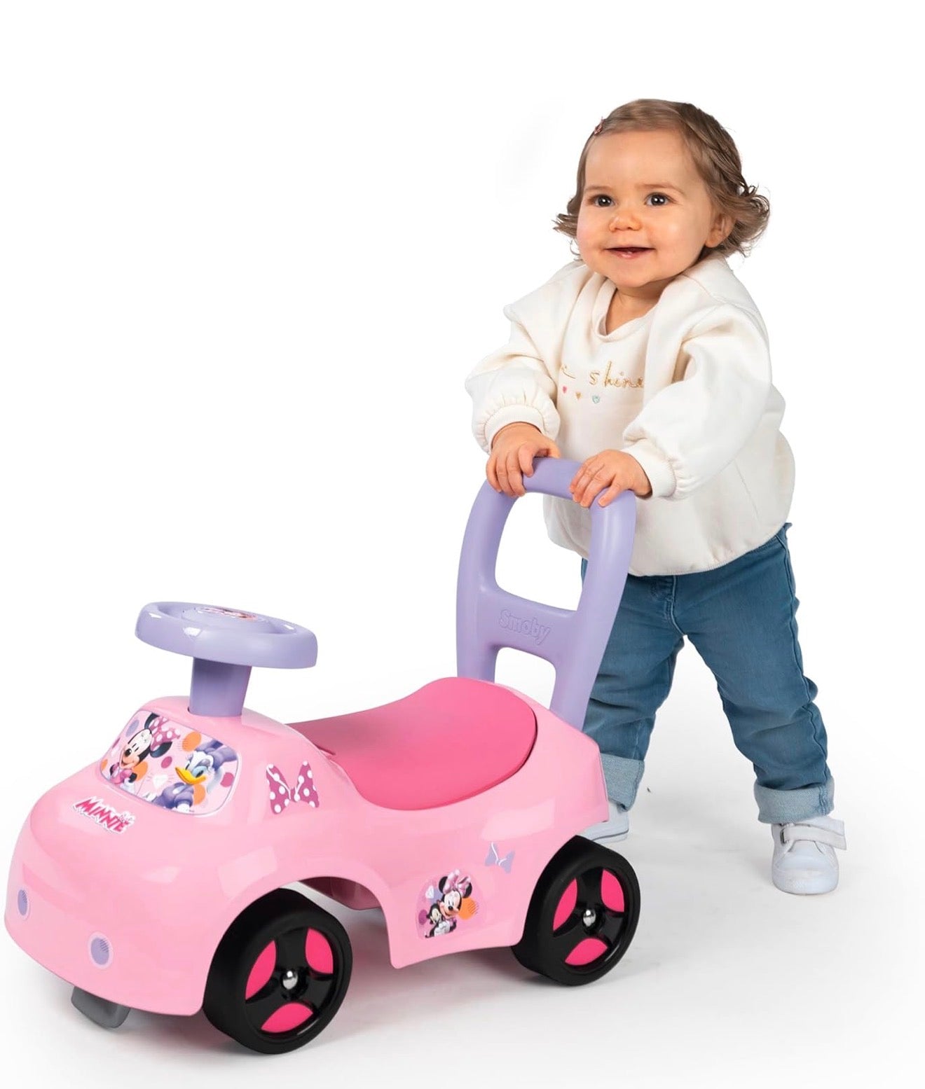 Smoby - Minnie Porteur Auto - Fonction Trotteur - Aide à la Marche - Volant Directionnel - Coffre à Jouets - Confiance, Coordination, Motricité - A Partir de 10 Mois - Fabrication Française