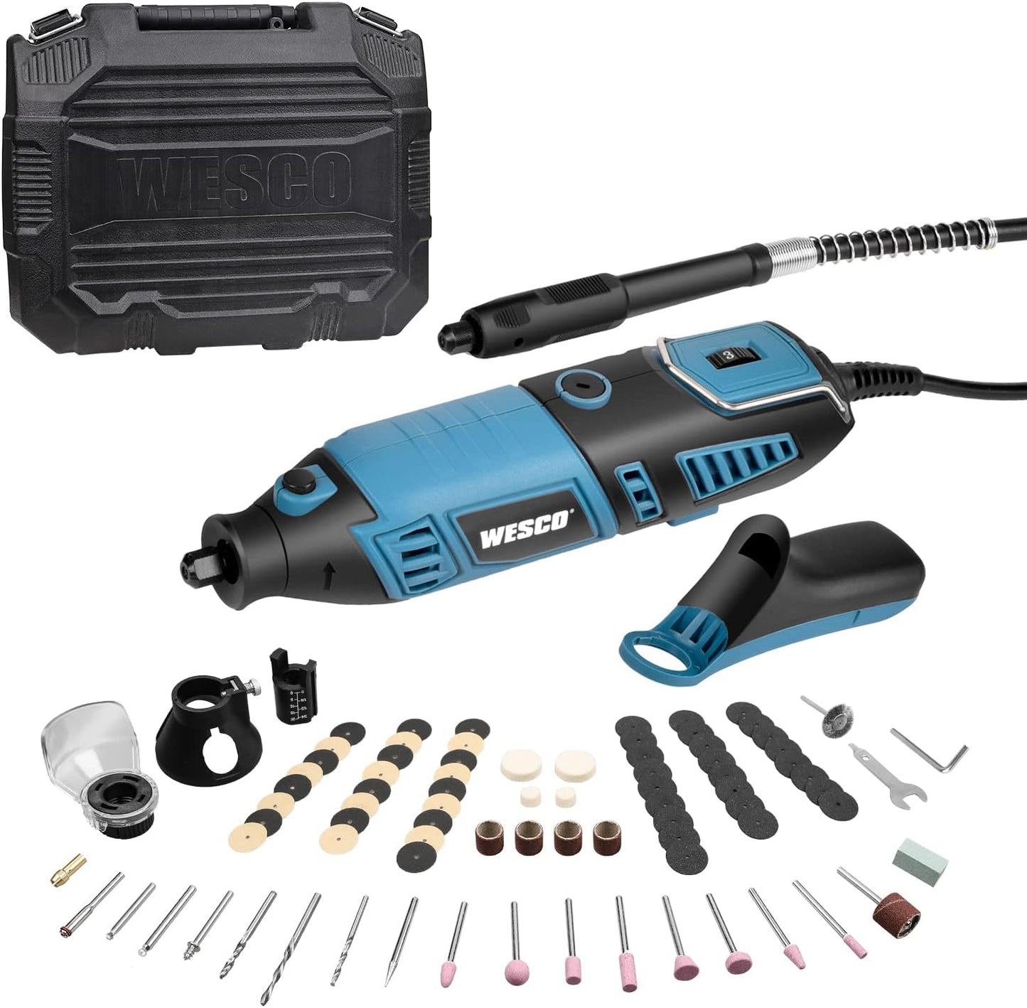 WESCO - WS3113KU.1 Kit d'outils rotatifs, 7 vitesses variables, 82 accessoires, 35 000 tr/min, arbre extensible, bloc sans clé, pour sculpter, polir, couper, graver