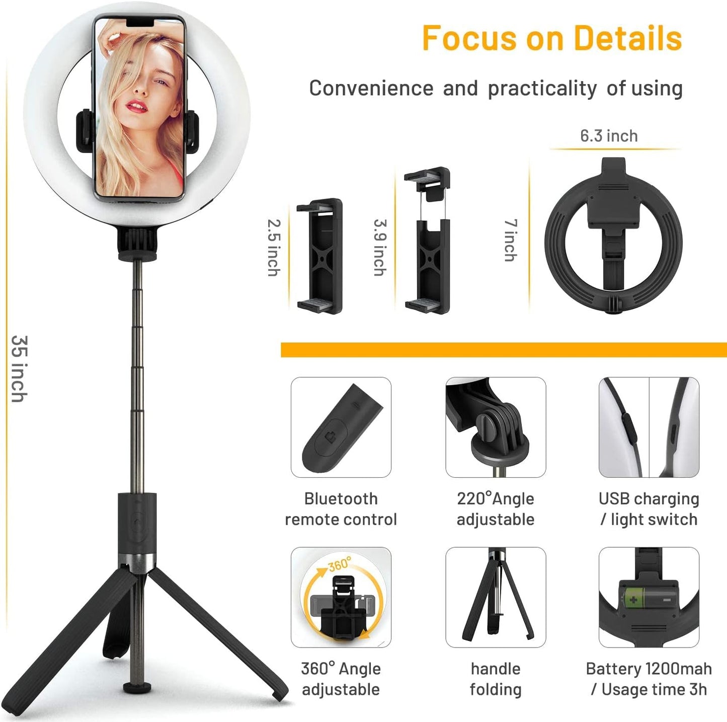 Perche a Selfie [avec Selfie Ring Light], 35.4'' Aluminium Extensible Selfie Stick 360° Rotation avec Bluetooth, Monopode Rechargeable Selfie Anneau Lumineux Compatible pour iPhone/Huawei/Gopro