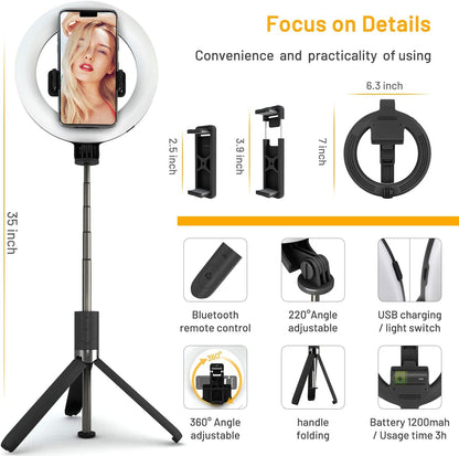 Perche a Selfie [avec Selfie Ring Light], 35.4'' Aluminium Extensible Selfie Stick 360° Rotation avec Bluetooth, Monopode Rechargeable Selfie Anneau Lumineux Compatible pour iPhone/Huawei/Gopro