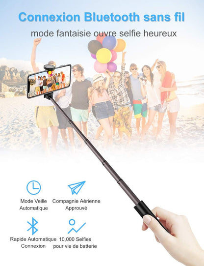 Perche Selfie Bluetooth 3 en 1 Ultra-Léger, Bâton Stick Réglable Télescopique, pour iPhone XS/XS Max/XR/X / 8 / 8P / 7 / 7P / 6s / 6/5, Galaxy S9 / 8/7/6 / Note, Huawei, Nubia, Xiaomi