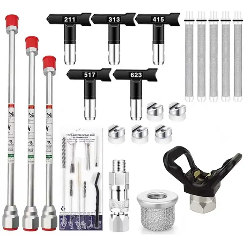 Ensemble de pistolet de pulvérisation de peinture air de 17 pièces 5 buses 3 poteau d'extension 5 pistolets de pulvérisation sans air Filtres à maille Kit de nettoyage d'adaptateur de pistolet de pulvérisation